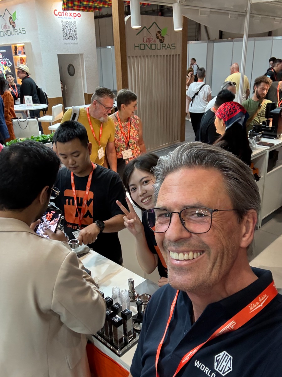 World Coffee Gear founder Jochem Snels meeting coffee gear brands at World of Coffee in Geneva
