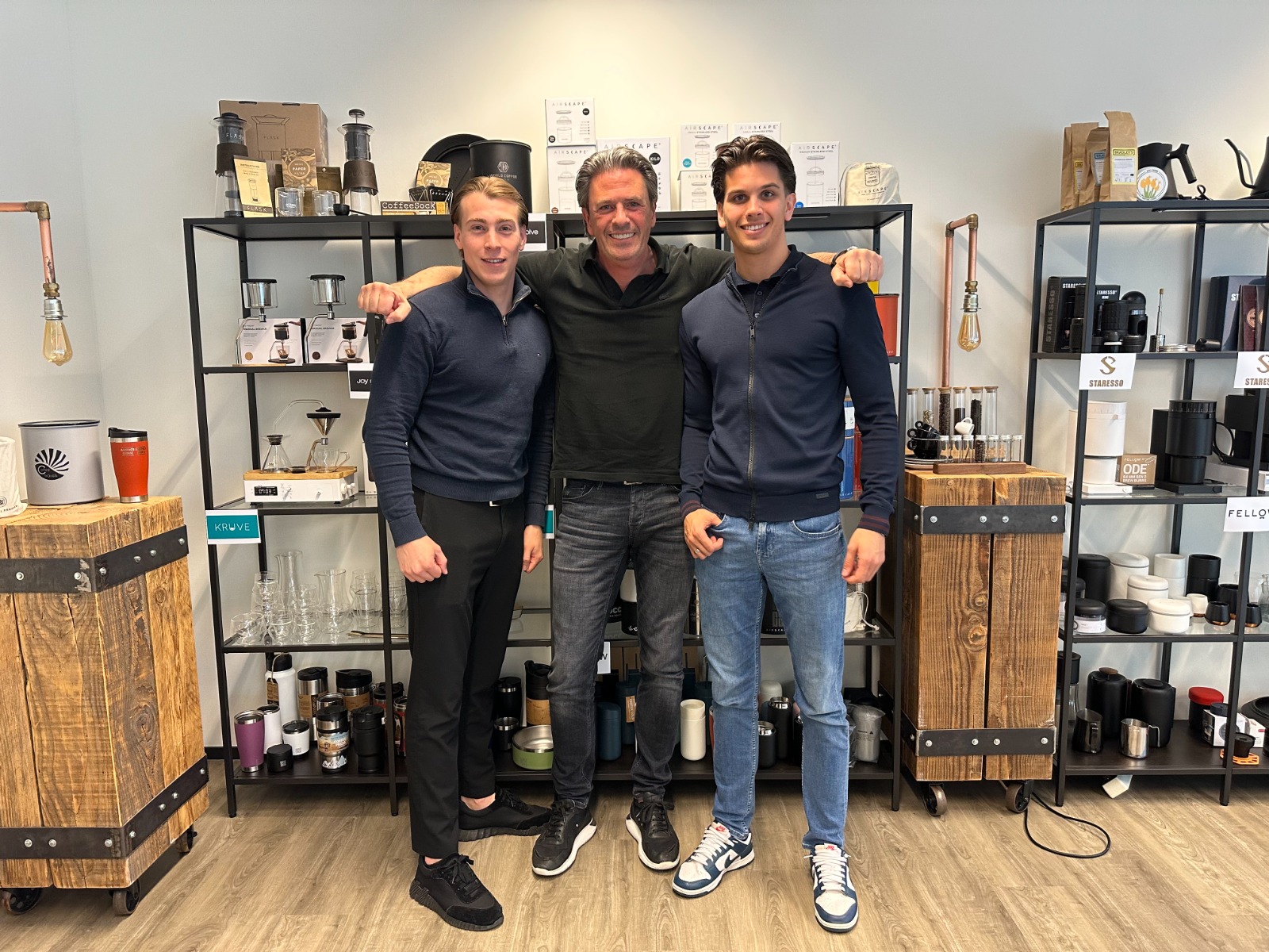 Jochem Snels and the World Coffee Gear team surrounded by their coffee gear collection