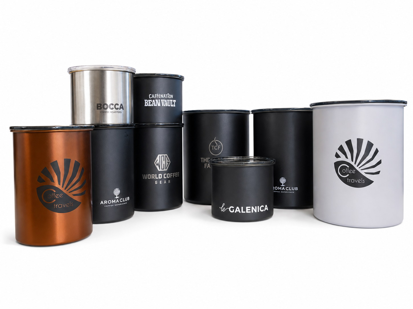 Custom Airscape coffee canisters with engraved and imprinted company logos